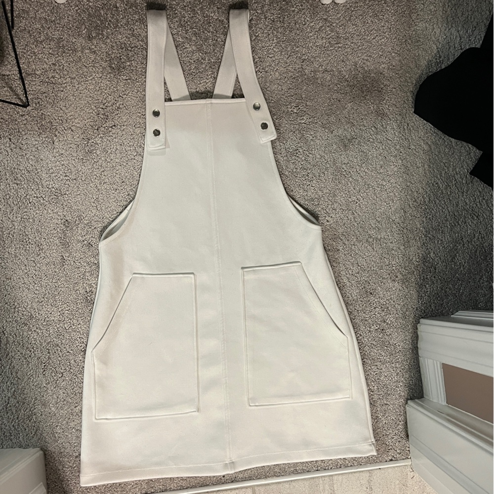 White Faux Suede Snap Button Overall Pinafore Dress - Size S